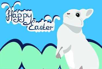 easter bunny with eggs on blue background poster.