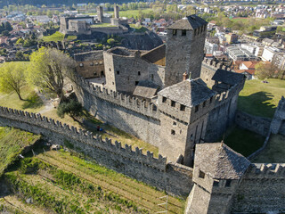 Fototapeta na wymiar Aerial view at Montebello and Castelgrande castles at Bellinzona on the Swiss alps