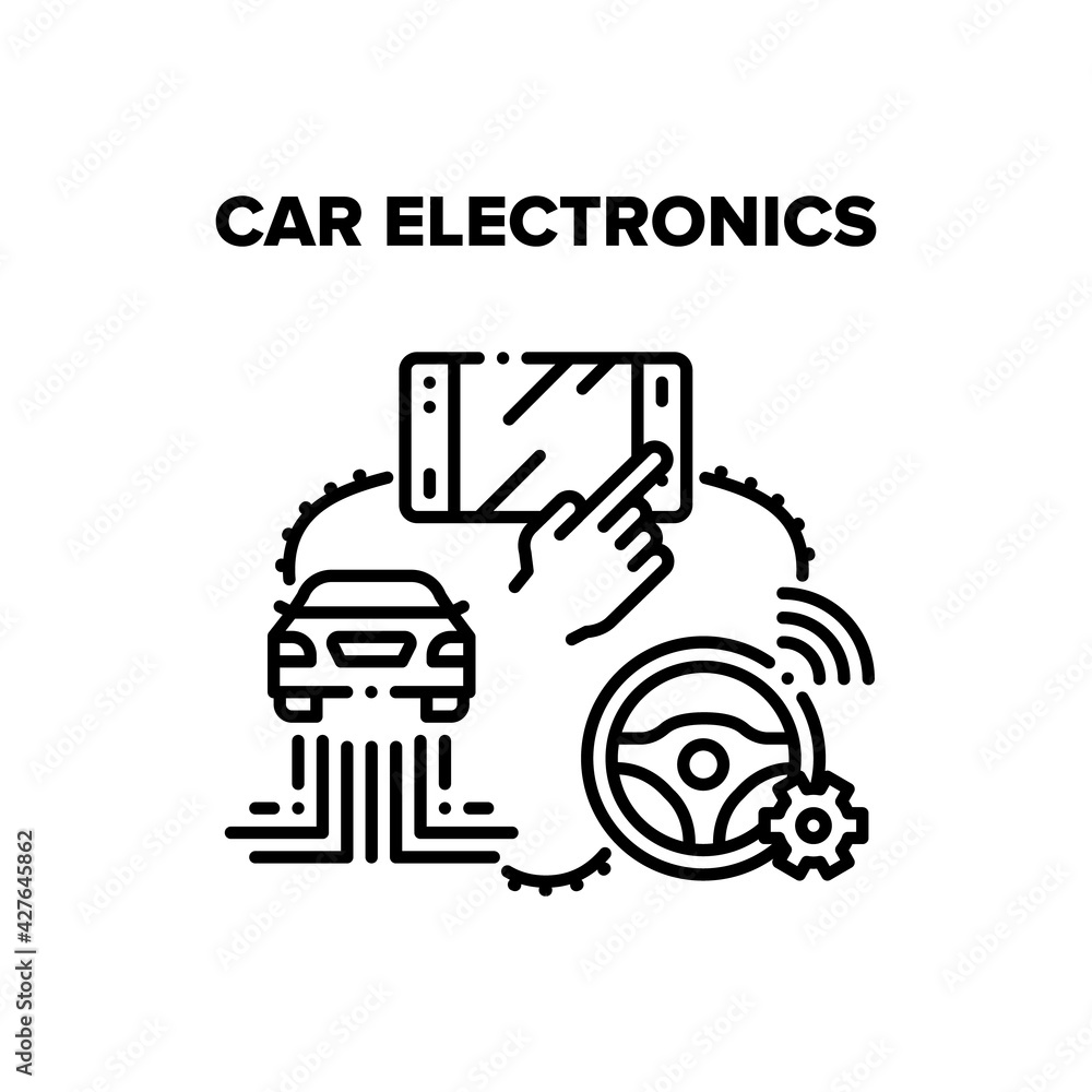 Poster car electronics vector icon concept. vehicle on-board computer with touch screen and smart steering 