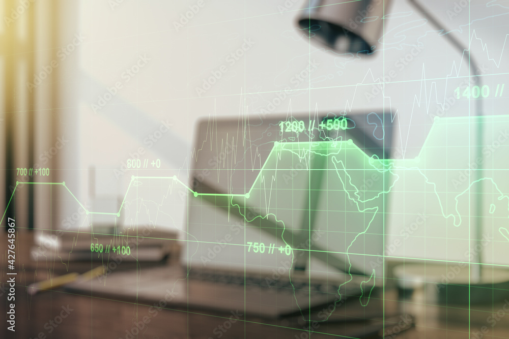 Poster Abstract creative analytics data spreadsheet on modern computer background, analytics and analysis concept. Multiexposure