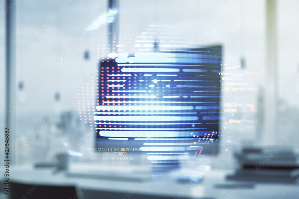 Poster multi exposure of abstract software development hologram with world map on laptop background, global
