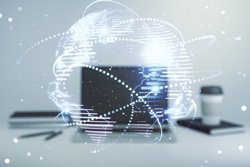 Abstract graphic digital world map with connections on modern computer background, globalization concept. Multiexposure