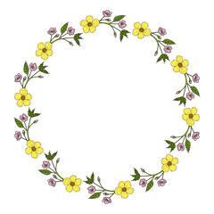 Round frame with buttercup and sakura branches on white background. Doodle style. Vector image.