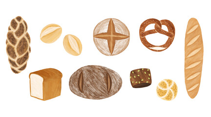 Set of hand drawn bread illustration, isolated on white background