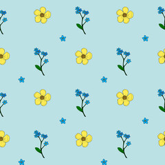 Seamless pattern with buttercups and forget-me-not flowers on light blue background. Vector image.