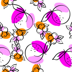 Bright Apricot and Lime Vector White Seamless Pattern. Sketch Apple and Peach Illustration. Color Fruit Summer Background.