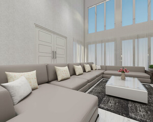 modern living room design with comfortable sofa cushion and minimalist coffee table. Using carpet decoration and many open space windows. 