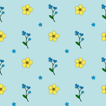 Seamless pattern with buttercups and forget-me-not flowers on light blue background. Vector image.