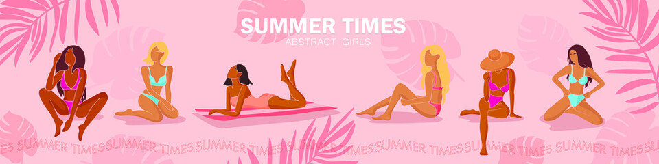 Different women characters in swimsuits. Vector illustration on pink background. Flat summer vector illustration 