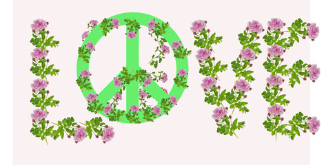 Word love made of pink roses and pacifist sign, isolated on white.