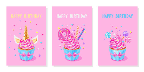 Greeting cards set. Festive unicorn cupcakes. Pink  fairy cupcake unicorn, cakes with pink donut, waffle, lollypops and sprinkles on pink background. vector illustration