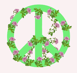 Green pacifist sign, entwined with pink roses. Isolated on white.