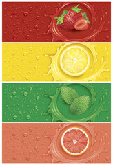 Drinks and juice background with many drops and splash -  grapefruit, lemon slice, mint leaf and strawberry - 427648076