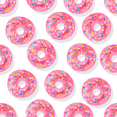 Pink donuts on white background. Children's drawing with colored watercolor pencils. Seamless pattern. Texture for fabric, wrapping, wallpaper. Decorative print.Vector illustration