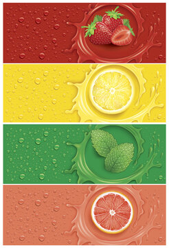 Drinks and juice background with many drops and splash -  grapefruit, lemon slice, mint leaf and strawberry