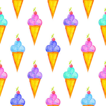 Ice cream on white background. Children's drawing with colored watercolor pencils. Seamless pattern. Texture for fabric, wrapping, wallpaper. Decorative print.Vector illustration