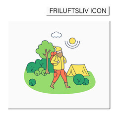 Friluftsliv color icon. Hiking. Man walking in forest. Camping. Nature landscape.Camping. Nordic outdoor activities concept.Isolated vector illustration