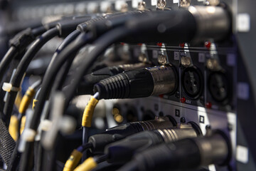 Sound connectors included in the audio mixer close up.