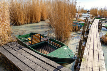 Lake Balaton with a boat in the reed Badacsony hill background