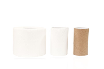 Rolls of toilet paper isolated on white background. Concept from full roll to used roll 