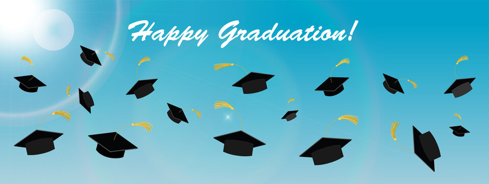 Happy graduation background with flying graduation hats
