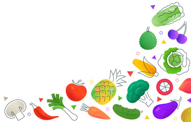 Simple mockup vector design with various multicolored fruits and vegetables depicted on white background. No gradients.