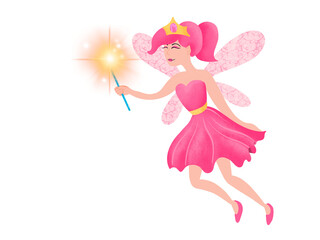 Fairy with pink hairs in pink dress. Isolated on a white background. Cute illustration.