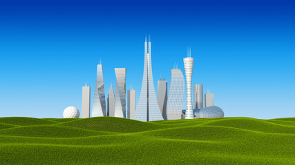 Modern city on green hills. Meadow and high glass buildings. 3d rendering illustration. High resolution.