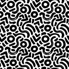 Hand drawn organic vector seamless pattern. Black textured brush strokes. Curved lines and circles. Modern stylish texture with rough natural maze. Black and white wavy organic rounded shapes pattern