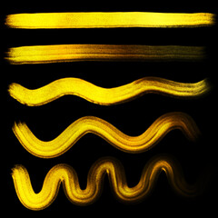 Abstract gold lines on a black background. Paint drawing. Set lines.