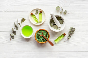 Herbal medicine and pharmacy. Eucalyptus essential oil, top view