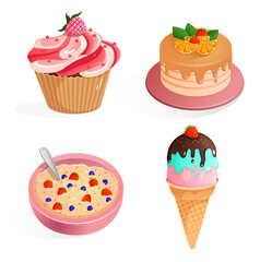 Set of vector illustrations of cupcake with raspberries, birthday cake with strawberries and orange, oatmeal with berries, ice cream with strawberries. Collection of sweet dessert elements. 2D