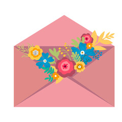 Cute envelope card with flowers. Vector illustration.