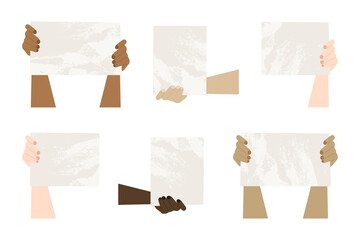 Activists with blank placards for demonstration, protest. Protesters with posters. Hands holding banners. Social issue. Vector flat cartoon illustration
