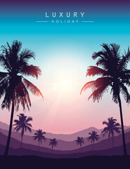 beautiful sunset on tropical palm tree silhouette background