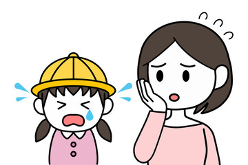泣く園児　女の子　母親