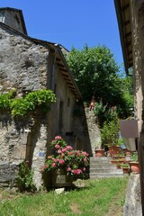 The narrow and picturesque alleys of Najac. Old stone houses decorated with flowers. South France. 