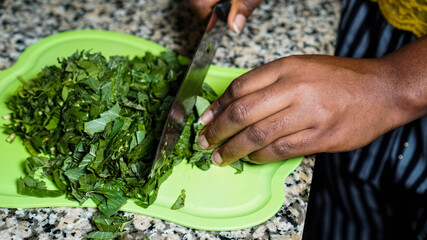 Person's hands chopping green vegetables