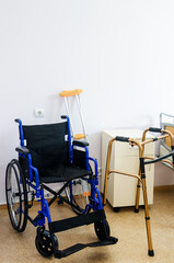 Wheelchair, crutches and walker. Medical equipment for disabled and elderly person. 