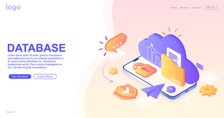 Database with cloud server, Data set, process, classification, database. Company process development structure. Data Center concept based. Business organization with circle gear mechanism. Web banner 