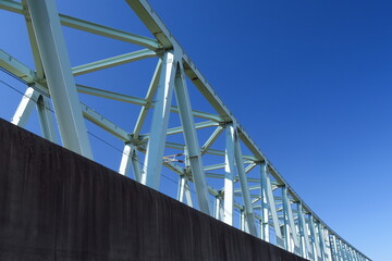 江戸川に架かるつくばエクスプレスの鉄橋と青空