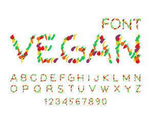 Vegetable font. Vegetarian alphabet. Letters from vegetable ABC. Corn and cucumber. Pepper and eggplant