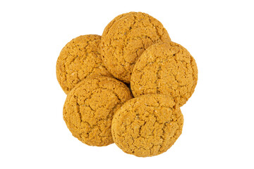 Several round oatmeal cookies isolated on a white background.