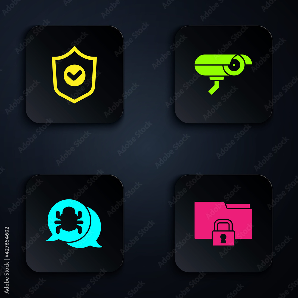 Aufkleber set folder and lock, shield with check mark, system bug and security camera. black square button. ve