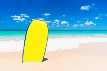 Surfboard on beach background. Travel adventure sport and summer vacation concept.