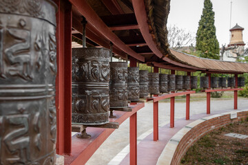 Prayer wheels at the Sakya Tashi Ling monastery in Garraf, Barcelona, Spain.