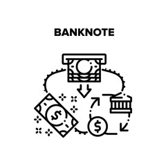 Banknote Money Vector Icon Concept. Banknote Money Getting From Atm, Bank Financial Building For Dollar Currency, Investment, Credit Or Deposit. Finance Relationship Black Illustration