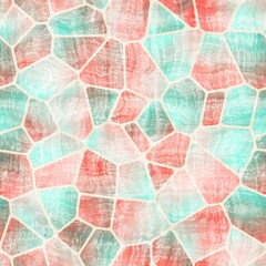 Seamless geo tile shape collage surface pattern. High quality illustration. Random chunks of color chaotically jumbled together inside voronoi jigsaw puzzle shapes. Ornate and detailed texture.