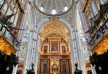 Interior view of La Mezquita Cathedral in Cordoba Spain. The cathedral was built inside of the...