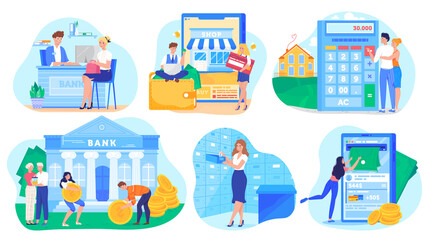Fototapeta premium Banking concept, people cartoon characters saving money and shopping online, vector illustration